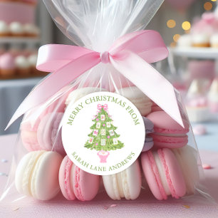 Watercolor Pink Mahjong Christmas Tree Gift Classic Round Sticker