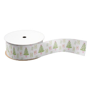Watercolor Pink Mahjong Christmas Tree Grosgrain Ribbon