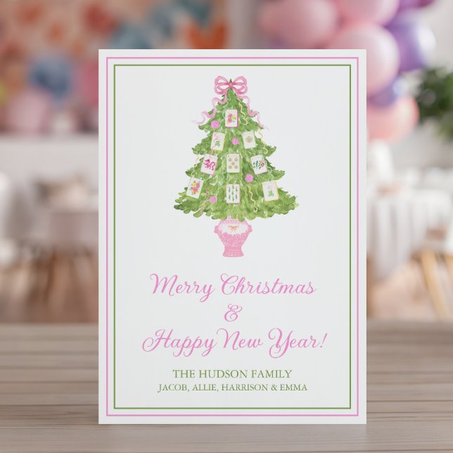 Watercolor Pink Mahjong Christmas Tree Holiday Card (Creator Uploaded)