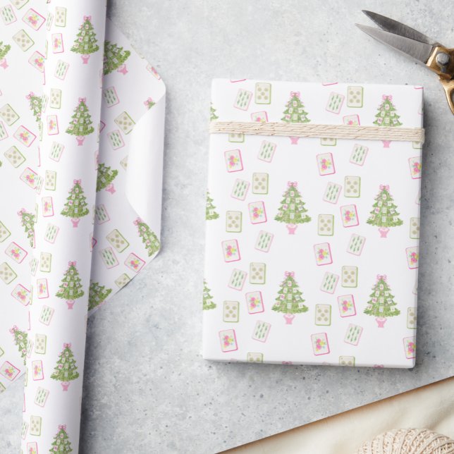 Watercolor Pink Mahjong Christmas Tree Wrapping Paper (Creator Uploaded)