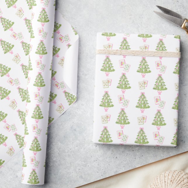 Watercolor Pink Mahjong Christmas Tree Wrapping Paper (Creator Uploaded)