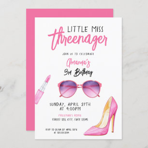 Watercolor Pink Makeup Themed 3rd Birthday Invitation