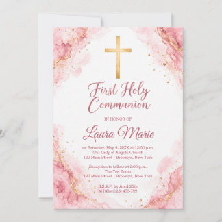 Watercolor Pink Marble First Holy Communion Invitation