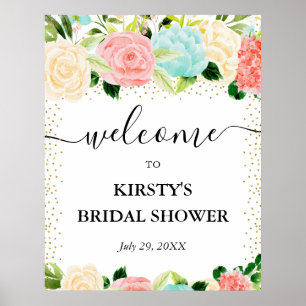 Watercolor Pink Mint Flowers Bridal Shower Welcome Poster