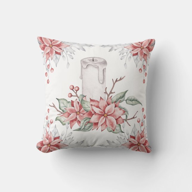 Watercolor Pink Mistletoe Christmas Candle    Cushion (Front)