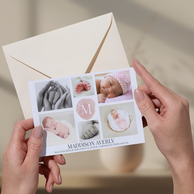 Watercolor Pink Monogram Photo Collage Girl Birth Announcement (Creator Uploaded)
