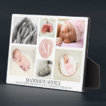 Watercolor Pink Monogram Photo Collage Girl Birth  Plaque<br><div class="desc">Remember the arrival of your newborn baby girl with a stylish 6 photos collage, decorated with a monogram on pink watercolor background in the middle and customisable baby name and birth stats at the bottom. If you need help personalising this birth announcement drop us a line here at the messenger....</div>