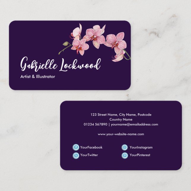 Watercolor Pink Moth Orchids Social Media Business Card (Front/Back)