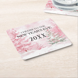 Watercolor Pink New Year's Eve Party Square Paper Coaster