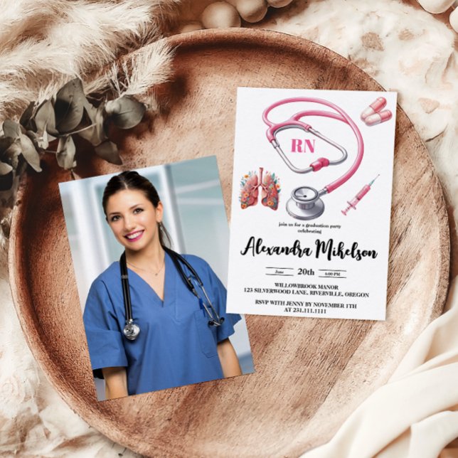 Watercolor Pink Nursing School Graduate  Invitation (Creator Uploaded)