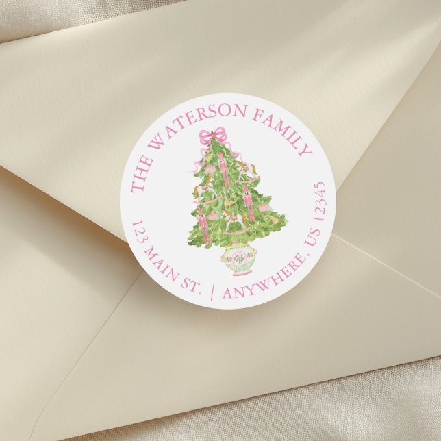 Watercolor Pink Nutcracker Christmas Tree Address Classic Round Sticker (Creator Uploaded)