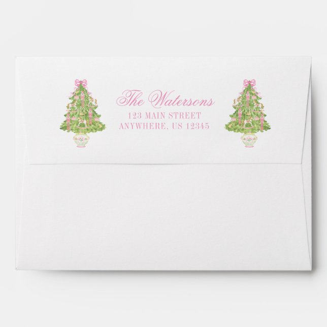 Watercolor Pink Nutcracker Christmas Tree Envelope (Back (Top Flap))