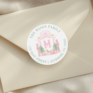 Watercolor Pink Nutcracker Monogram Crest Address Classic Round Sticker