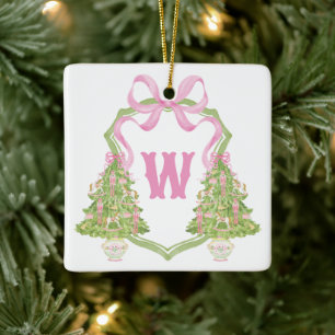 Watercolor Pink Nutcracker Monogram Crest Ceramic Ornament