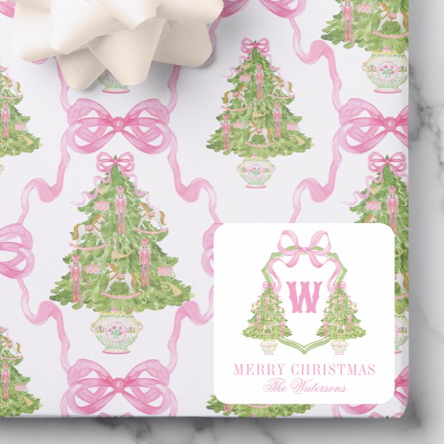 Watercolor Pink Nutcracker Monogram Crest Square Sticker (Creator Uploaded)