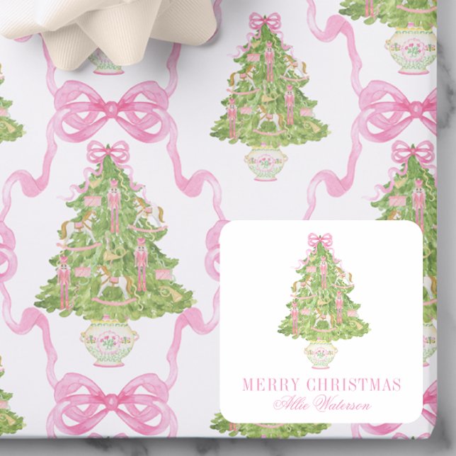 Watercolor Pink Nutcracker Tree Christmas Square Sticker (Creator Uploaded)