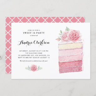 Watercolor Pink Ombre Cake Slice Sweet 16 Party Invitation