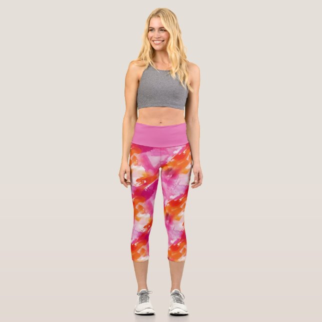 Watercolor Pink Orange Abstract Capri Leggings (Front)