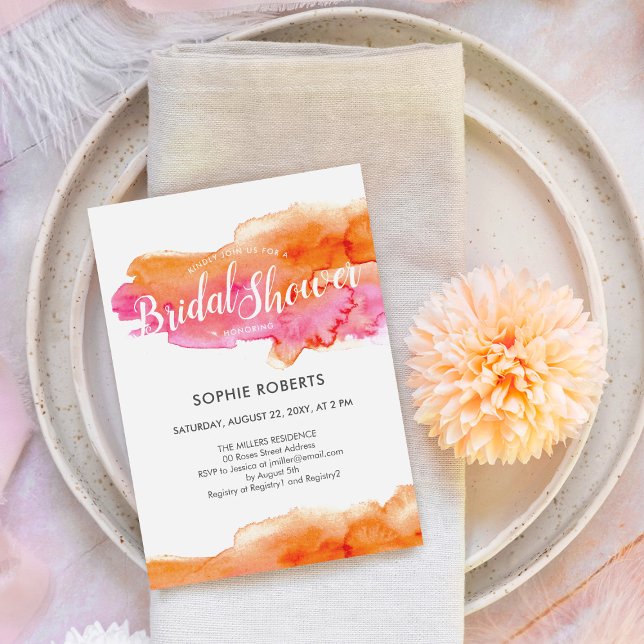 Watercolor Pink Orange Colour Splash Bridal Shower Invitation (Creator Uploaded)
