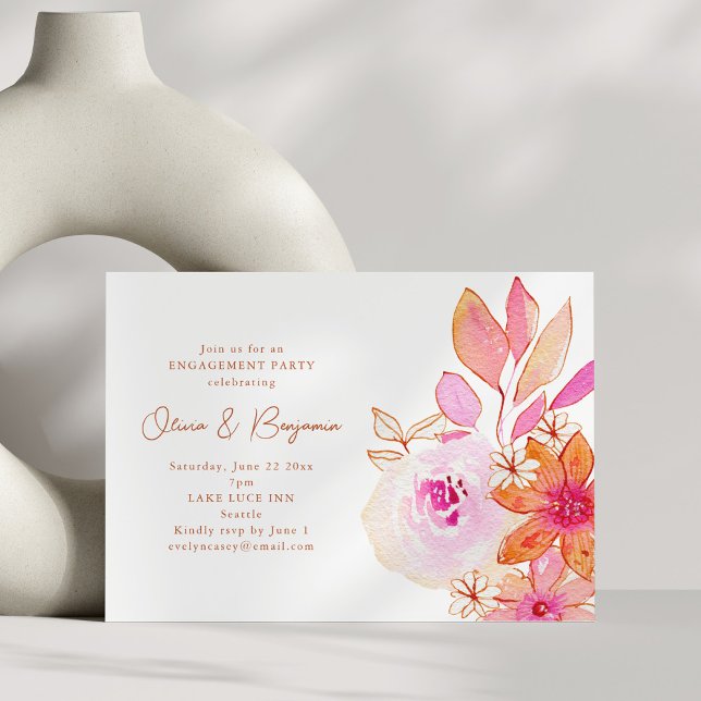 Watercolor Pink Orange Floral Engagement Party Invitation (Creator Uploaded)