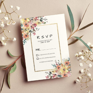 Watercolor pink orange gold floral country RSVP Invitation