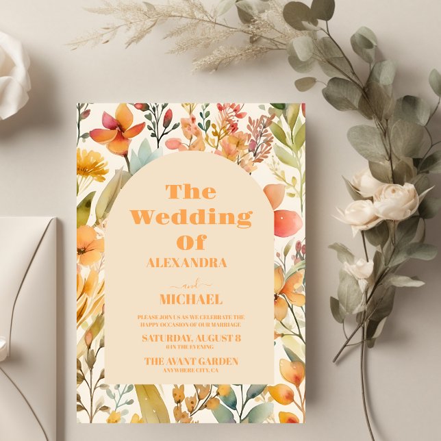 Watercolor Pink Orange Wildflowers Wedding Invitation (Creator Uploaded)