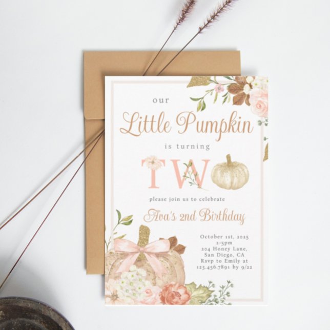 Watercolor Pink Our Little Pumpkin 2nd Birthday  Invitation (Creator Uploaded)