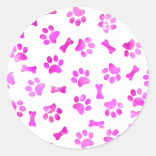 Watercolor Pink Paw Prints Classic Round Sticker