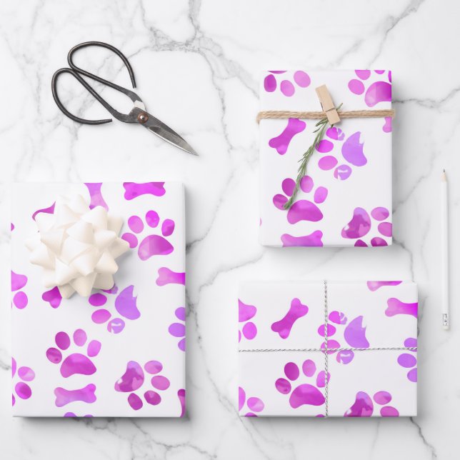 Watercolor Pink Paw Prints Wrapping Paper Sheet (Front)