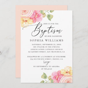 Watercolor pink peach elegant floral baptism invitation