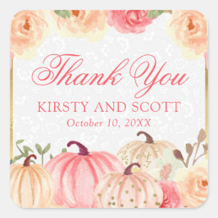 Watercolor Pink Peach Floral Fall Pumpkin Wedding Square Sticker