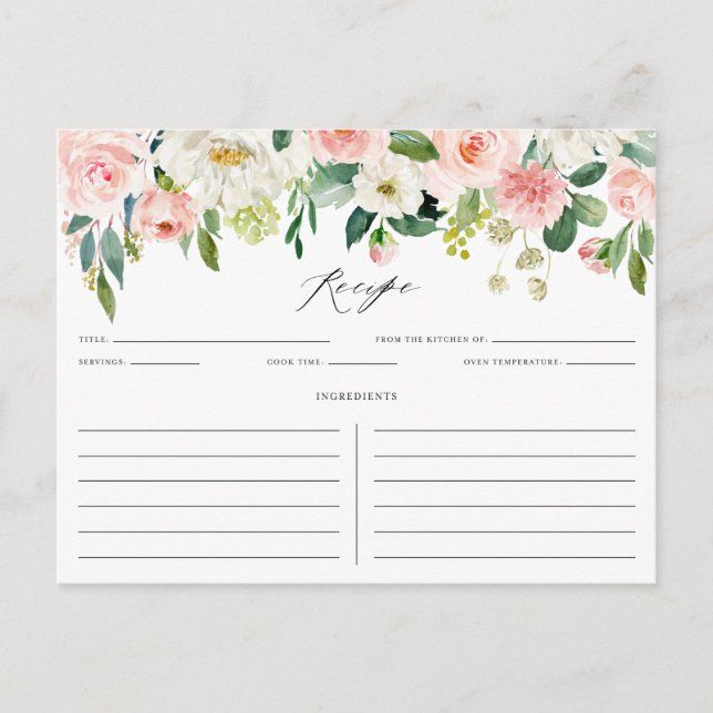 Watercolor Pink Peach Floral Garland Recipe Card (Front)