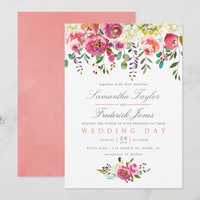 Watercolor Pink Peach Floral Wedding Invitation (Front/Back)