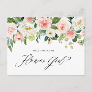 Watercolor Pink Peach Florals Be My Flower Girl Invitation Postcard