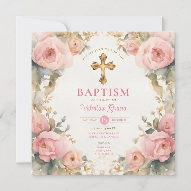 Watercolor Pink Peach Girl Baptism Cross Floral Invitation (Front)