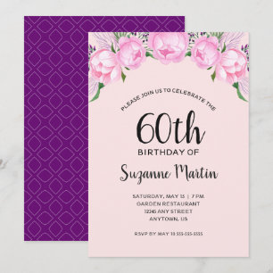 Watercolor Pink Peonies 60th Birthday Party Invitation
