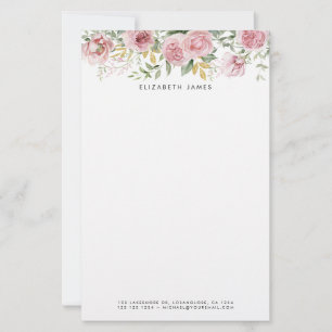 Watercolor Pink Peonies and Eucalyptus Gold Wreath Stationery