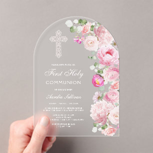 Watercolor Pink Peonies Arch First Communion Acrylic Invitations