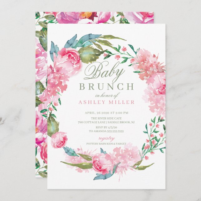Watercolor Pink Peonies Baby Brunch Invitation (Front/Back)