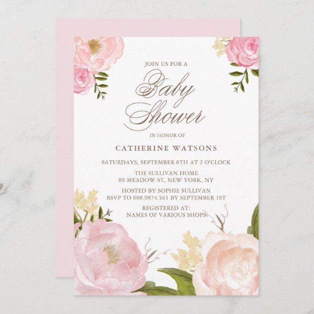 Watercolor Pink Peonies Baby Shower Invitation (Front/Back)