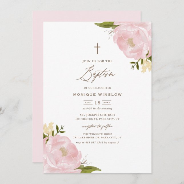Watercolor Pink Peonies Baptism Invitation (Front/Back)