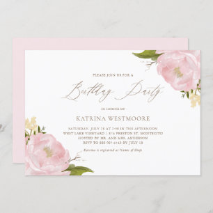 Watercolor Pink Peonies Birthday Party Invitation
