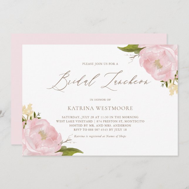 Watercolor Pink Peonies Bridal Luncheon Invitation (Front/Back)