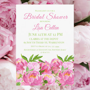 Watercolor Pink Peonies Bridal Shower Elegant Invitation