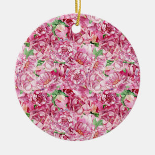 Watercolor Pink Peonies Ceramic Ornament