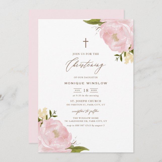 Watercolor Pink Peonies Christening Invitation (Front/Back)