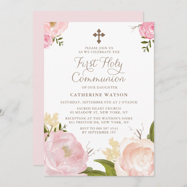 Watercolor Pink Peonies First Holy Communion II Invitation (Front/Back)