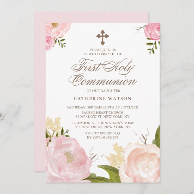 Watercolor Pink Peonies First Holy Communion Invitation (Front/Back)
