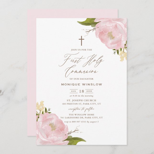 Watercolor Pink Peonies First Holy Communion Invitation (Front/Back)