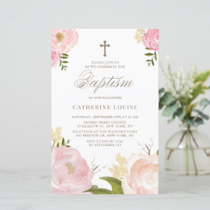 Watercolor Pink Peonies Floral Baptism Invitation
